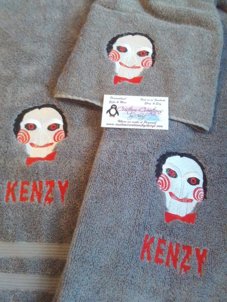 Horror Saw Jigsaw Face Personalized 3 Piece Bath Towel Set