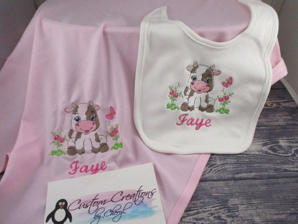 Floral Farm Cow Personalized Girl Baby Blanket & Bib Combo Set