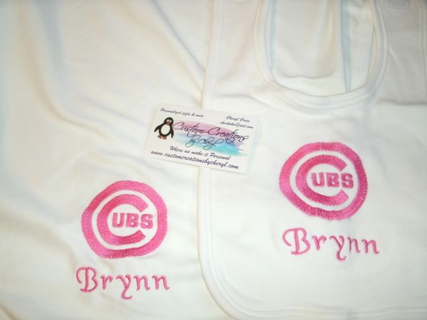 Personalized Pink Cubs Logo Girl Baby Blanket Bib Set