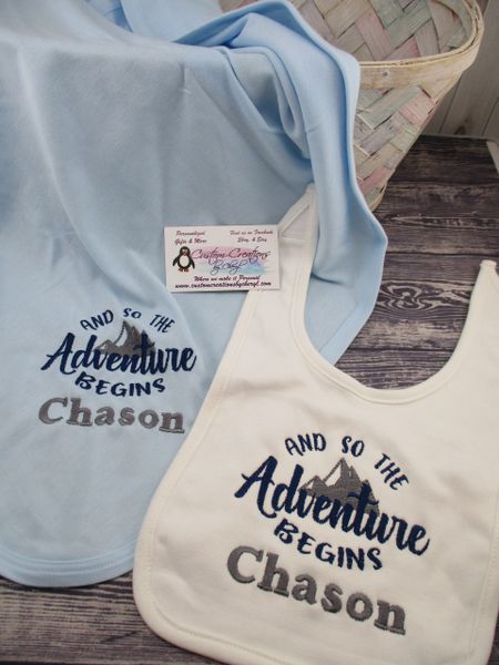 And so the Adventure Begins Personalized Baby Blanket & bib Combo