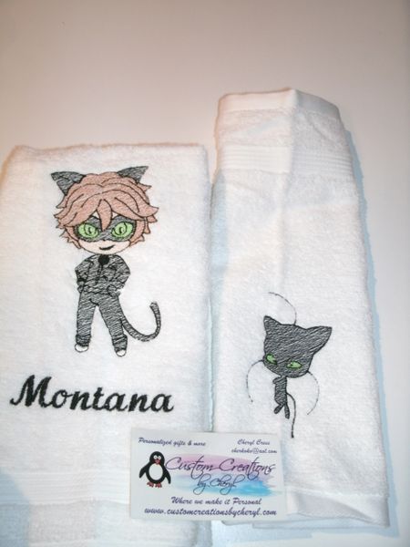Cat Noir Girl 2 Sketch Hand or Kitchen Towels Hand Towels 2 piece set
