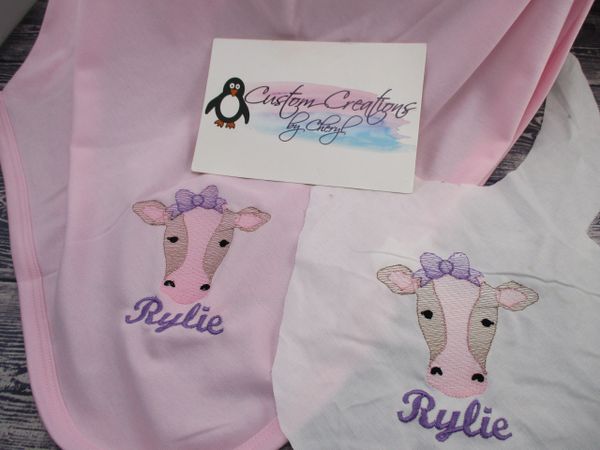 Farm Cow with Bow Personalized Girl Baby Blanket & Bib Combo Set