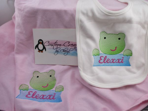 Frog Frame Sketch Personalized Girl Baby Blanket & Bib Combo Set