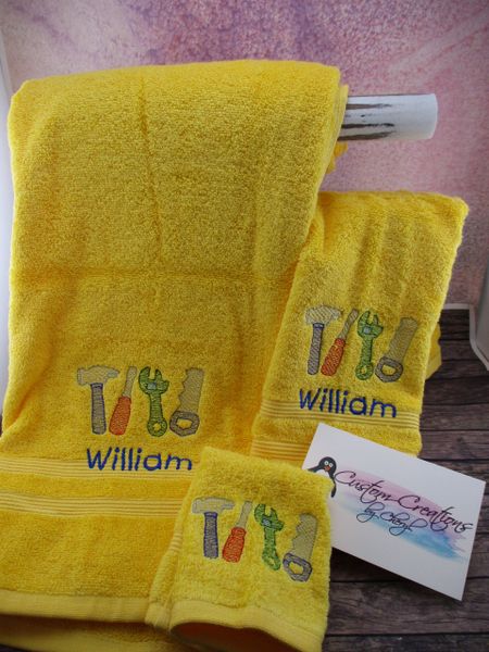 Construction Tools Sketch Personalized 3 piece Towel Set
