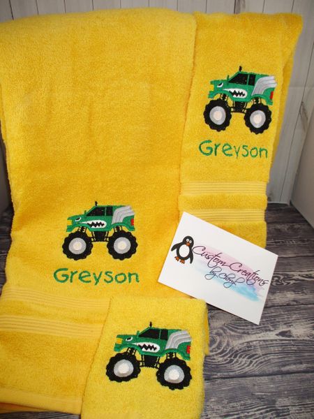 Monster Truck with teeth Personalized 3 Piece Towel Set
