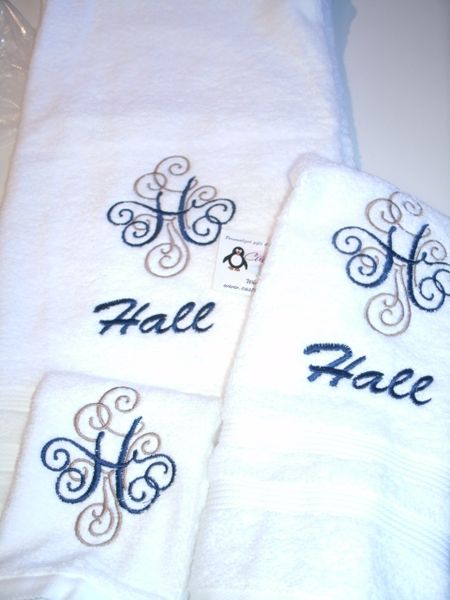 Monogram Adorn Scroll Personalized Towel Set Wedding or Anniversary