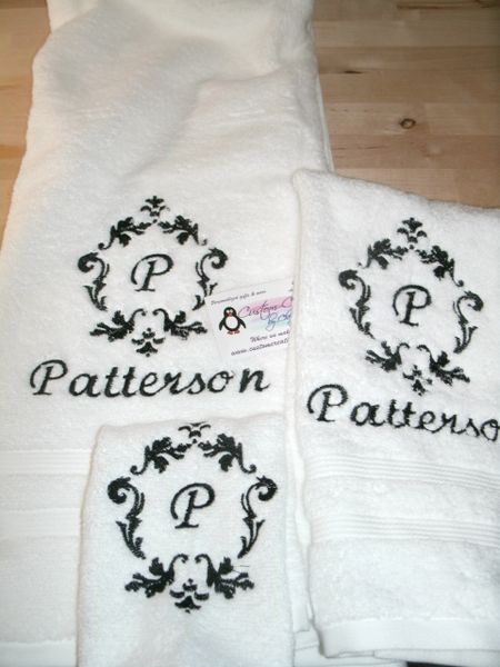 Damask Frame Personalized Towel Set Wedding or Anniversary Monogram Towels