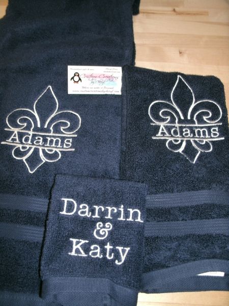 Monogram fleur de lis Split outline Personalized Towel Set Wedding or Anniversary