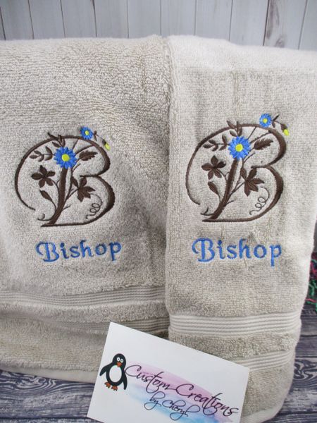 Monogram Blooming Floral Letter Kitchen Towels Hand Towels 2 piece set