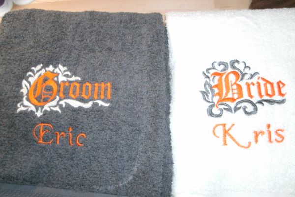 Bride & Groom Damask Personalized His & Hers Bath Towels Wedding or Anniversary