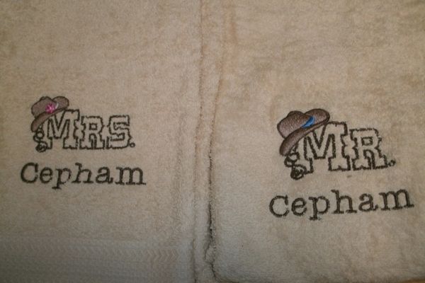 Mr & Mrs Cowboy Hat Personalized His & Hers Bath Towels Wedding or Anniversary