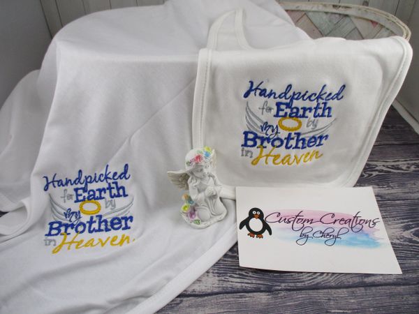 Handpicked for Earth by my Brother in Heaven Memorial Bib & Blanket Gift Set