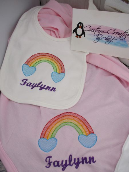 Rainbow Heart Personalized Girl Baby Blanket & Bib Combo Set Rainbow baby