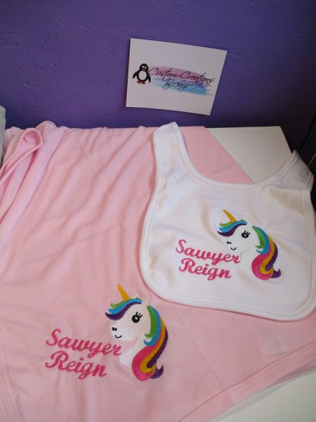 Rainbow Pony Head Personalized Girl Baby Blanket & Bib Combo Set Rainbow baby