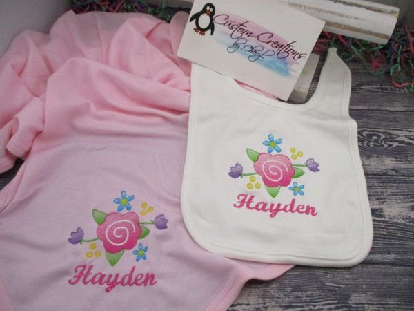 Floral Flowers Sketch Personalized Girl Baby Blanket & Bib Combo Set