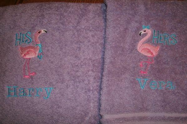 His & Hers Flamingo Personalized Bath Towels Wedding or Anniversary