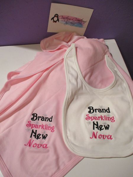 Brand Sparkling New Personalized Girl Baby Blanket & Bib Combo Set