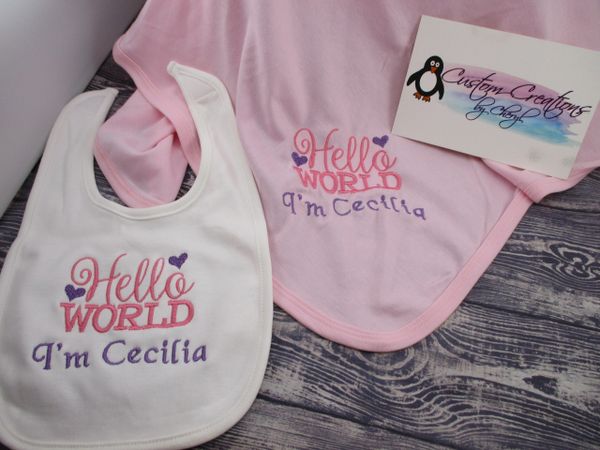 Hello World Personalized Girl Baby Blanket & Bib Combo Set Hospital Take Home Outfit