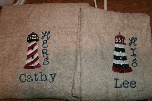 His & Hers Lighthouse Personalized Bath Towels Wedding or Anniversary