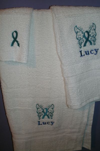Cancer Ribbon Scroll Butterfly Personalized 3 Piece Towel Set