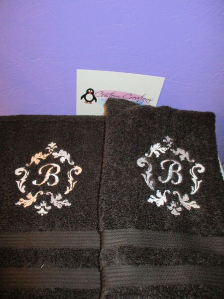 Monogram Damask Frame Kitchen Towels Hand Towels 2 piece set