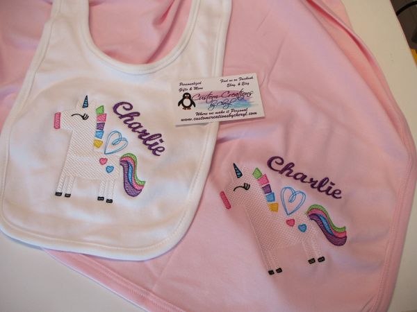 Unicorn Rainbow Heart sketch Personalized Girl Baby Blanket & Bib Combo Set