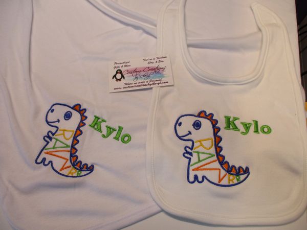 Dinosaur Rawrr sketch Personalized Baby Blanket & Bib Combo Set