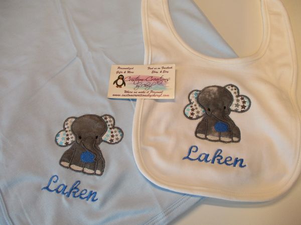 Elephant Heart Personalized Boy Baby Blanket & bib Combo Jungle Nursery