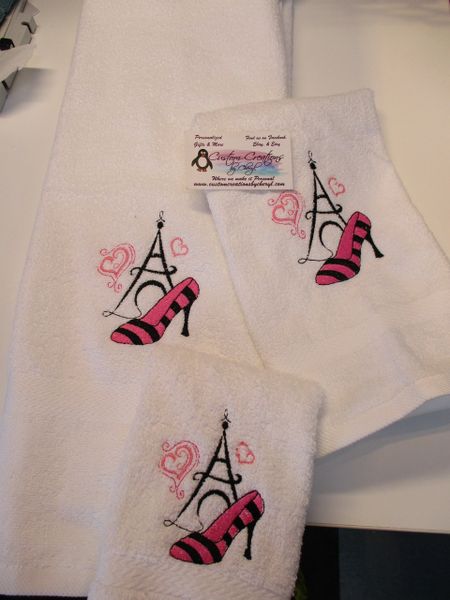 Paris Themed Eiffel Tower & High Heel Shoe Paris Personalized Towel Set