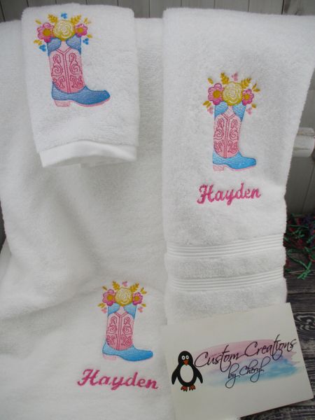 Floral Cowgirl Boot Sketch Personalized 3 piece Towel Set