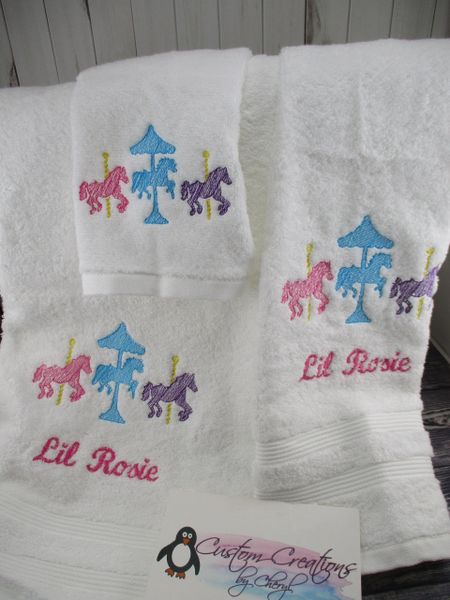 Carousal Horses Trio Sketch Personalized Towel Set