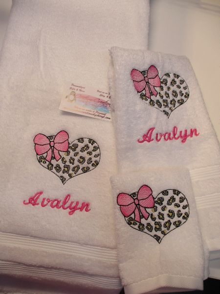 Cheetah Heart with Bow Sketch Personalized Towel Set