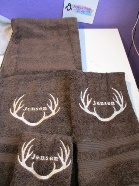 Monogrammed Buck Deer Antlers Frame Personalized 3 piece Towel Set