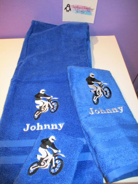 Personalized Motocross Dirt bike Towel Set Personalized 3 piece Towel Set Motorsports
