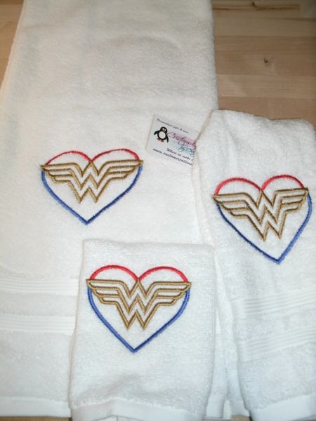 Wonder Woman Sketch Heart Logo Personalized 3 piece Superhero Towel Set
