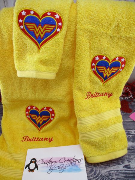 Wonder Woman Heart Logo Personalized 3 piece Superhero Towel Set