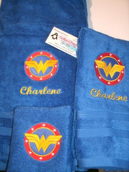 Wonder Woman Circle Logo Personalized 3 piece Superhero Towel Set
