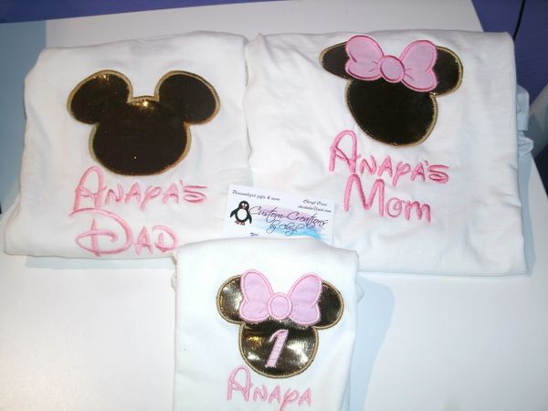 Minnie Mouse Head Birthday Set Mom, Dad & Birthday Child Personalized Birthday Couples Shirts
