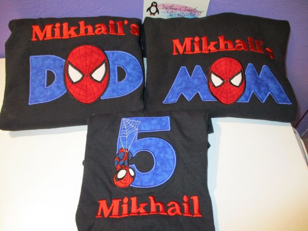 Spiderman Face Birthday Set Mom, Dad & Birthday Child Personalized Birthday Couples Shirts