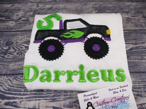 Monster Truck with Flames Personalized Birthday Shirt Racing Birthday shirt