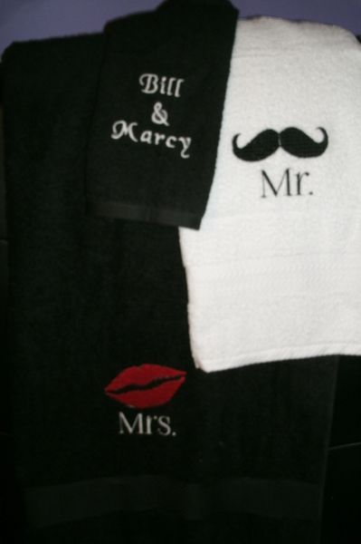 Mr Mustache & Mrs Lips Personalized Towel Set Wedding or Anniversary