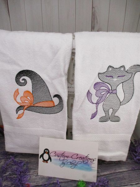 Halloween Witches Black Cat & Hat Sketch Personalized Kitchen Towels Hand Towels 2 piece set
