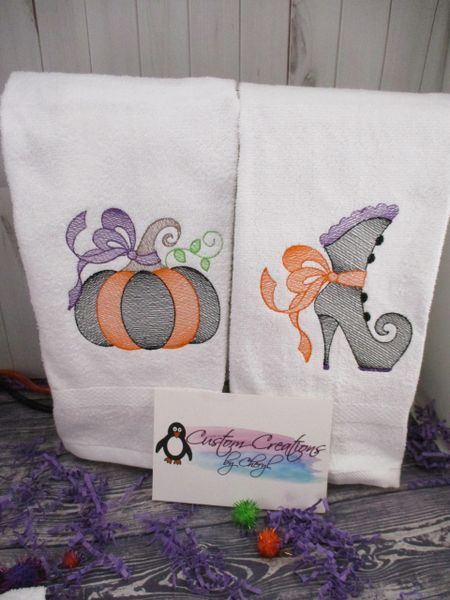 Halloween Witches Boot & Pumpkin Sketch Personalized Kitchen Towels Hand Towels 2 piece set