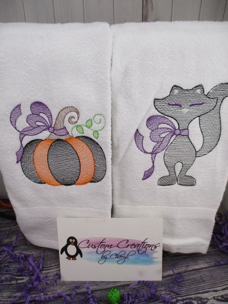 Halloween Witches Pumpkin & Black Cat Sketch Personalized Kitchen Towels Hand Towels 2 piece set