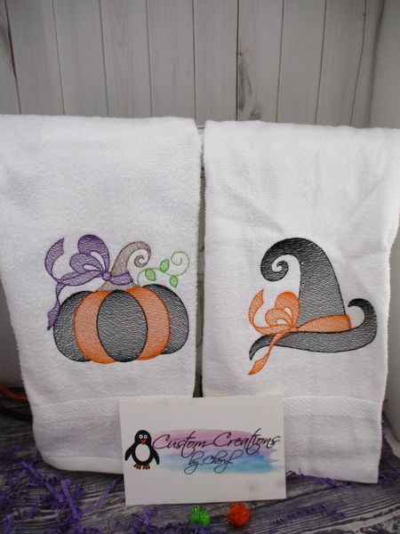 Halloween Witches Hat & Pumpkin Sketch Personalized Kitchen Towels Hand Towels 2 piece set