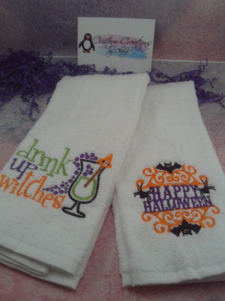 Halloween Drink Up Witches & Happy Halloween Scroll Personalized Kitchen Towels Hand Towels 2 piece set