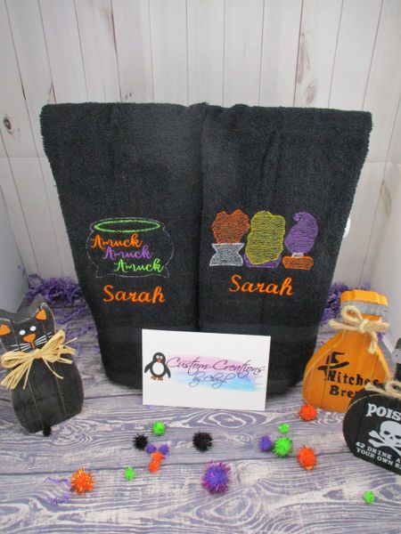 Hocus Pocus Witch Trio Backs & Amuck Amuck Amuck Pot Sketch Personalized Kitchen Towels Hand Towels 2 piece set