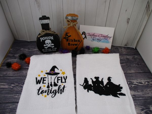 Hocus Pocus We Fly Tonight & Witch Trio Silhouette Personalized Kitchen Towels Hand Towels 2 piece set