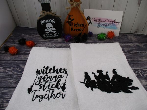 Hocus Pocus Witches gonna stick together & Witch Trio Silhouette Personalized Kitchen Towels Hand Towels 2 piece set