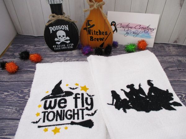 Witch Trio Silhouette & We Fly tonight 2 Personalized Kitchen Towels Hand Towels 2 piece set